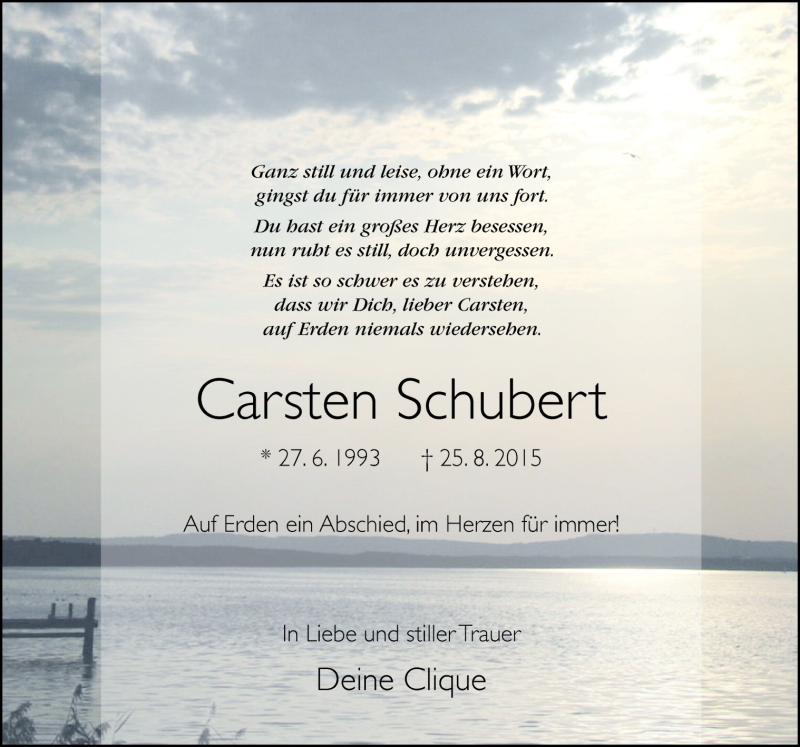  Traueranzeige für Carsten Schubert vom 31.08.2015 aus Neue Osnabrücker Zeitung GmbH & Co. KG