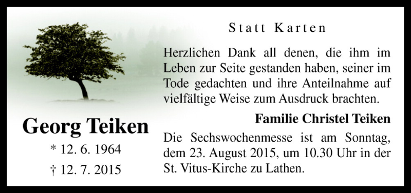  Traueranzeige für Georg Teiken vom 21.08.2015 aus Neue Osnabrücker Zeitung GmbH & Co. KG