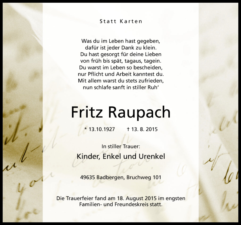  Traueranzeige für Fritz Raupsch vom 19.08.2015 aus Neue Osnabrücker Zeitung GmbH & Co. KG