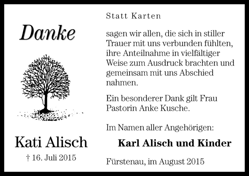  Traueranzeige für Kati Alisch vom 22.08.2015 aus Neue Osnabrücker Zeitung GmbH & Co. KG