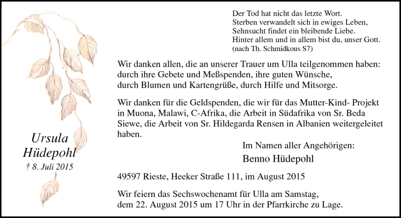  Traueranzeige für Ursula Hüdepohl vom 15.08.2015 aus Neue Osnabrücker Zeitung GmbH & Co. KG