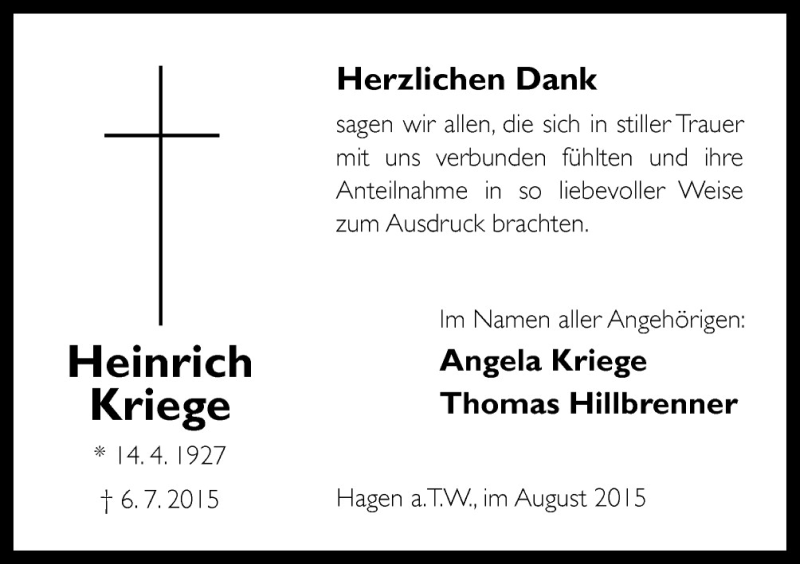  Traueranzeige für Heinrich Kriege vom 29.08.2015 aus Neue Osnabrücker Zeitung GmbH & Co. KG