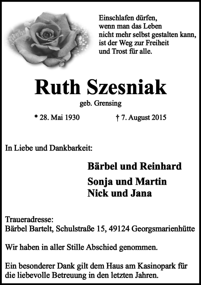  Traueranzeige für Ruth Szesniak vom 15.08.2015 aus Neue Osnabrücker Zeitung GmbH & Co. KG