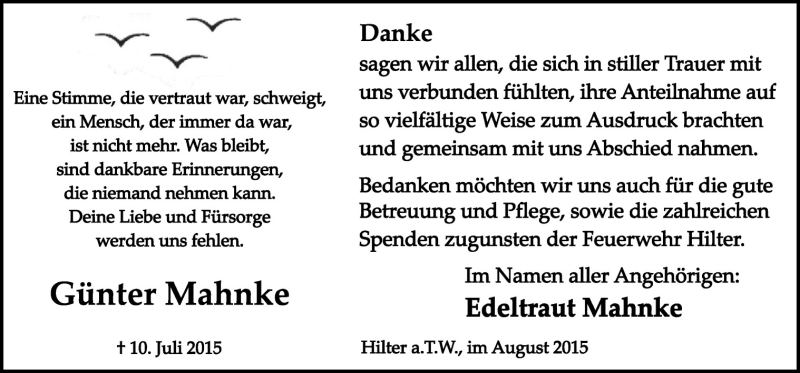  Traueranzeige für Günter Mahnke vom 22.08.2015 aus Neue Osnabrücker Zeitung GmbH & Co. KG