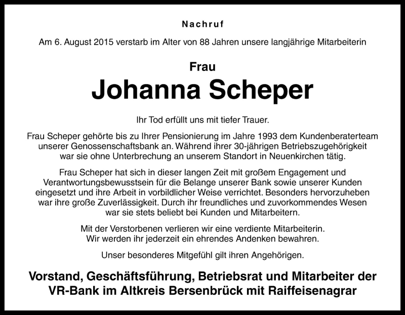  Traueranzeige für Johanna Scheper vom 12.08.2015 aus Neue Osnabrücker Zeitung GmbH & Co. KG
