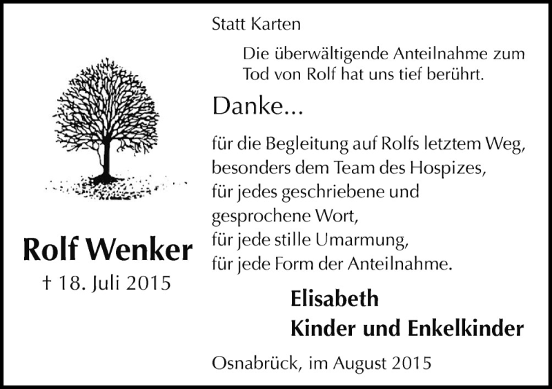  Traueranzeige für Rolf Wenker vom 15.08.2015 aus Neue Osnabrücker Zeitung GmbH & Co. KG