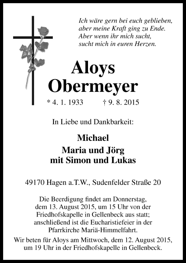  Traueranzeige für Aloys Obermeyer vom 11.08.2015 aus Neue Osnabrücker Zeitung GmbH & Co. KG
