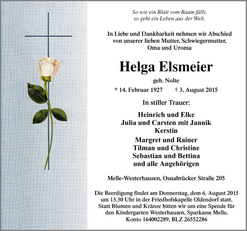  Traueranzeige für Helga Elsmeier vom 05.08.2015 aus Neue Osnabrücker Zeitung GmbH & Co. KG