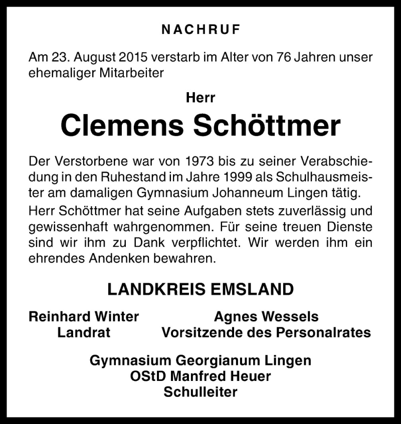  Traueranzeige für Clemens Schöttmer vom 28.08.2015 aus Neue Osnabrücker Zeitung GmbH & Co. KG