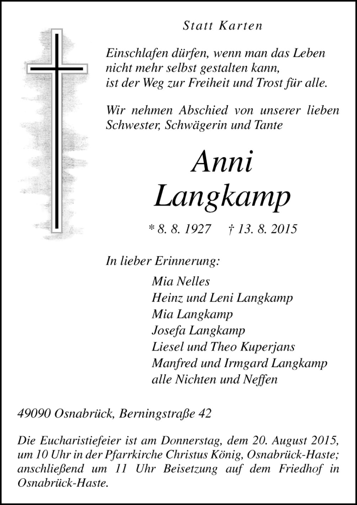  Traueranzeige für Anni Langkamp vom 15.08.2015 aus Neue Osnabrücker Zeitung GmbH & Co. KG