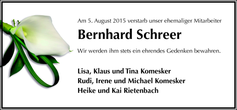  Traueranzeige für Bernhard Schreer vom 08.08.2015 aus Neue Osnabrücker Zeitung GmbH & Co. KG