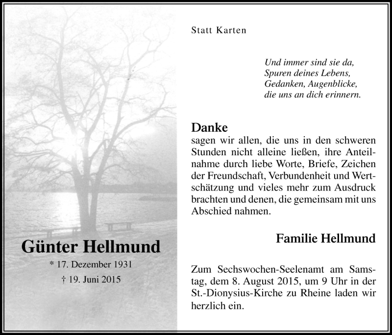  Traueranzeige für Günter Hellmund vom 05.08.2015 aus Neue Osnabrücker Zeitung GmbH & Co. KG
