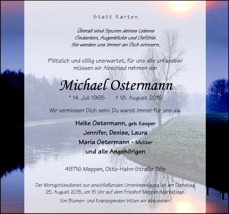  Traueranzeige für Michael Ostermann vom 20.08.2015 aus Neue Osnabrücker Zeitung GmbH & Co. KG