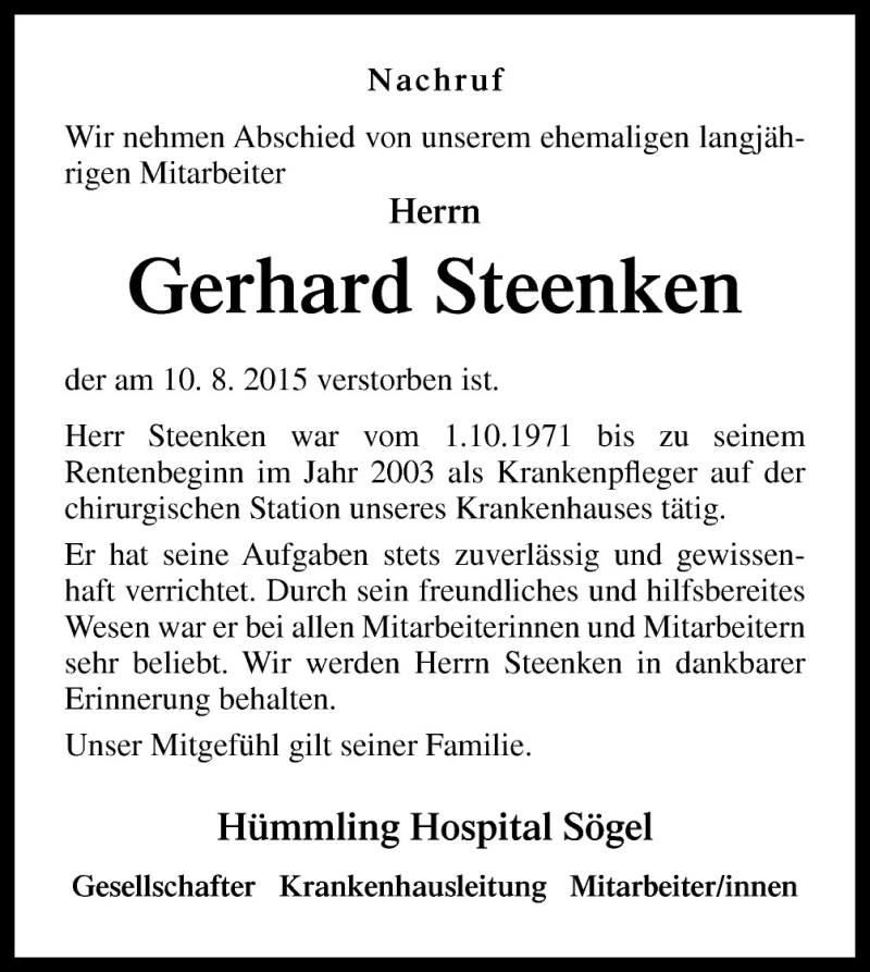  Traueranzeige für Gerhard Steenken vom 15.08.2015 aus Neue Osnabrücker Zeitung GmbH & Co. KG