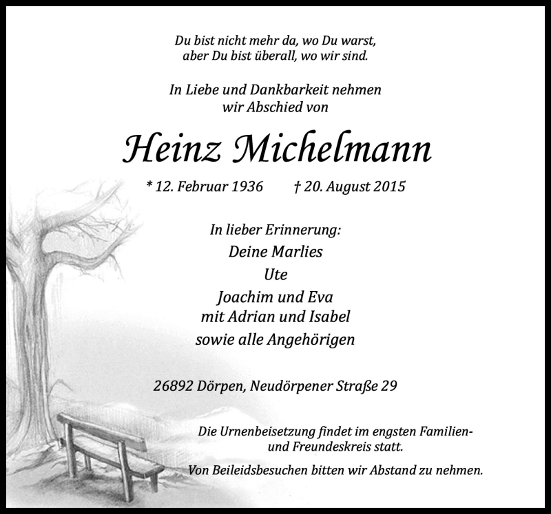  Traueranzeige für Heinz Michelmann vom 22.08.2015 aus Neue Osnabrücker Zeitung GmbH & Co. KG