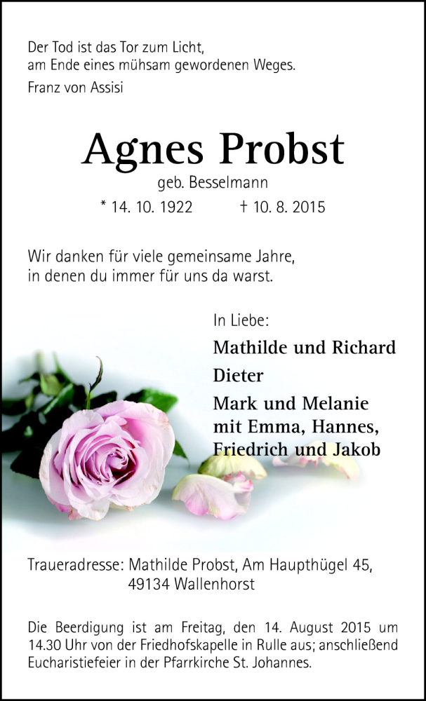  Traueranzeige für Agnes Probst vom 12.08.2015 aus Neue Osnabrücker Zeitung GmbH & Co. KG