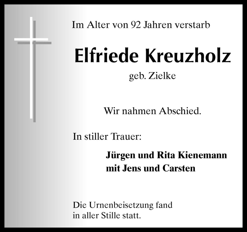 Traueranzeige für Elfriede Kreuzholz vom 11.08.2015 aus Neue Osnabrücker Zeitung GmbH & Co. KG