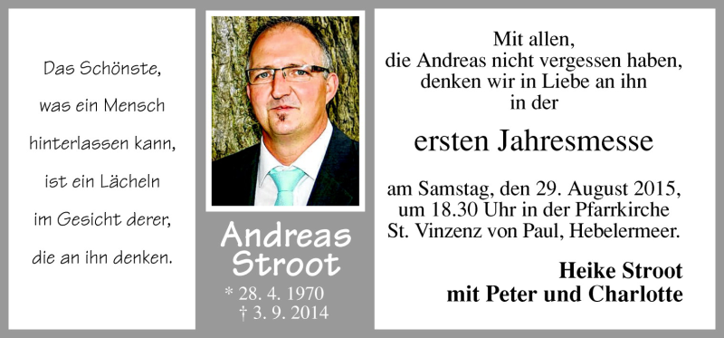  Traueranzeige für Andreas Stroot vom 26.08.2015 aus Neue Osnabrücker Zeitung GmbH & Co. KG