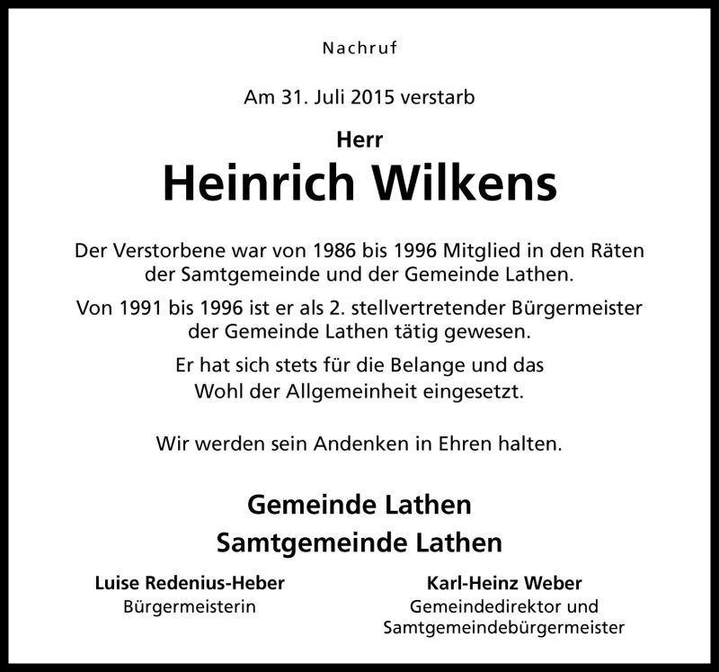  Traueranzeige für Heinrich Wilkens vom 06.08.2015 aus Neue Osnabrücker Zeitung GmbH & Co. KG