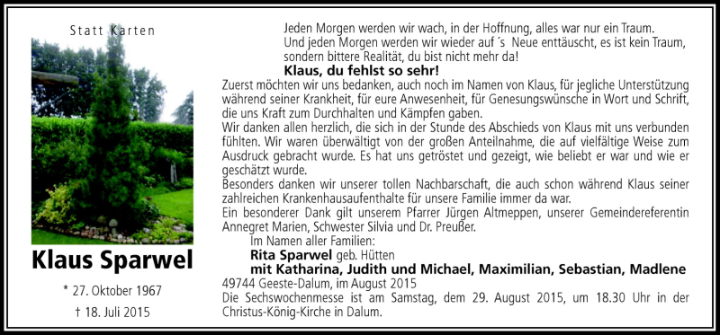  Traueranzeige für Klaus Sparwel vom 26.08.2015 aus Neue Osnabrücker Zeitung GmbH & Co. KG
