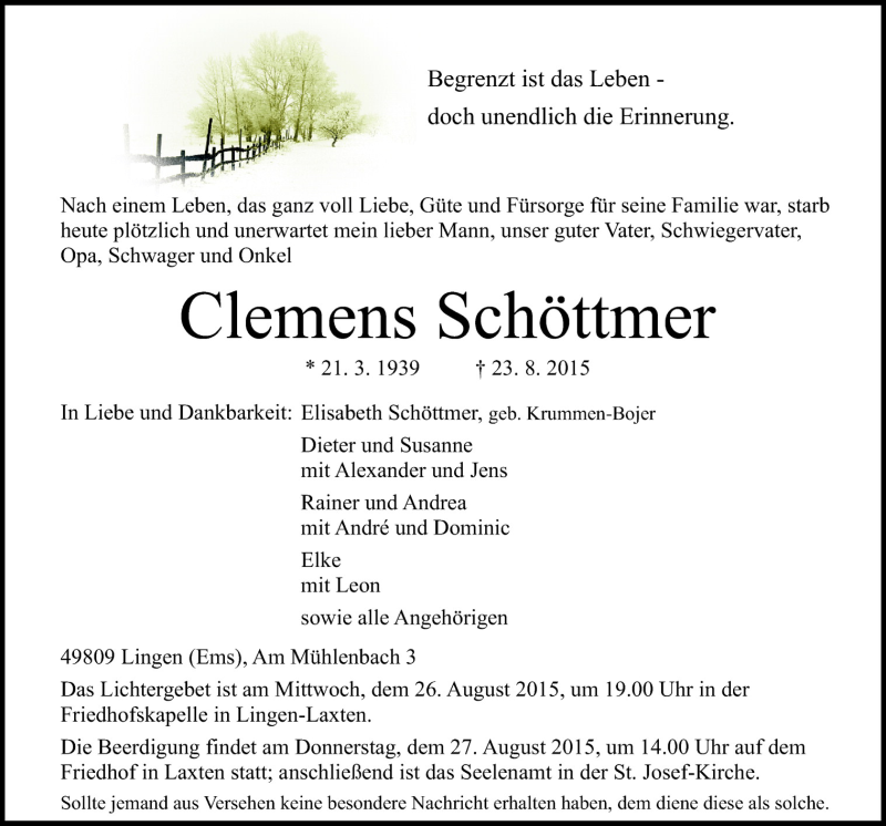  Traueranzeige für Clemens Schöttmer vom 26.08.2015 aus Neue Osnabrücker Zeitung GmbH & Co. KG