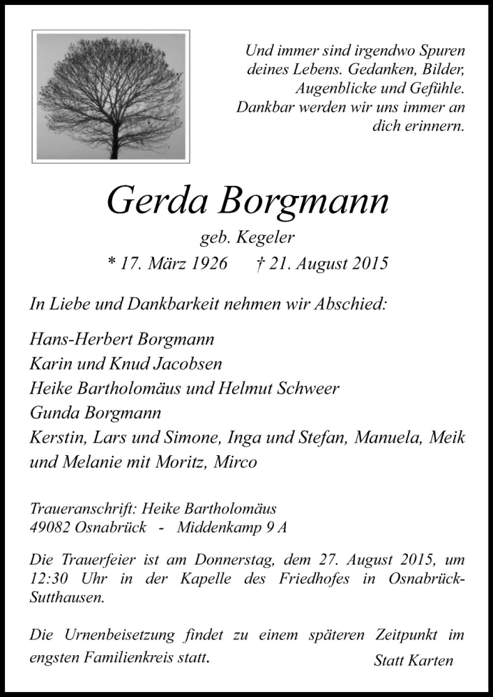  Traueranzeige für Gerda Borgmann vom 24.08.2015 aus Neue Osnabrücker Zeitung GmbH & Co. KG
