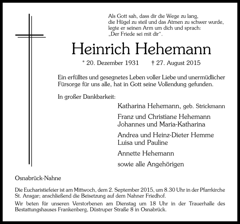  Traueranzeige für Heinrich Hehemann vom 29.08.2015 aus Neue Osnabrücker Zeitung GmbH & Co. KG
