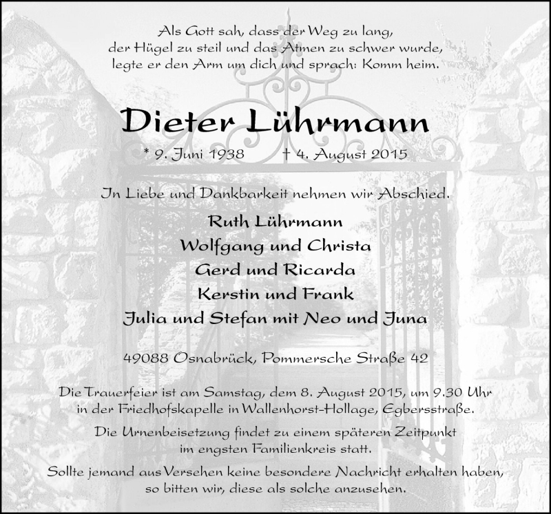  Traueranzeige für Dieter Lührmann vom 06.08.2015 aus Neue Osnabrücker Zeitung GmbH & Co. KG