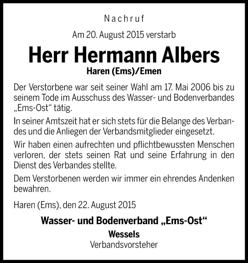  Traueranzeige für Hermann Albers vom 22.08.2015 aus Neue Osnabrücker Zeitung GmbH & Co. KG