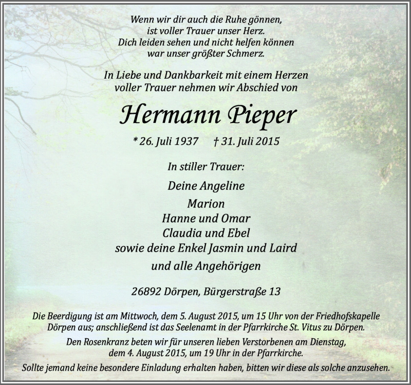  Traueranzeige für Hermann Pieper vom 03.08.2015 aus Neue Osnabrücker Zeitung GmbH & Co. KG