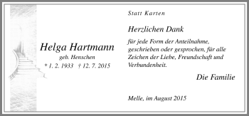 Traueranzeige von Helga Hartmann von Neue Osnabrücker Zeitung GmbH & Co. KG