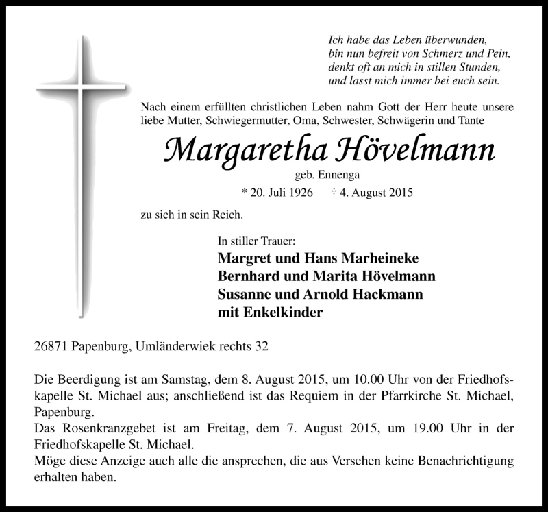  Traueranzeige für Margaretha Hövelmann vom 06.08.2015 aus Neue Osnabrücker Zeitung GmbH & Co. KG