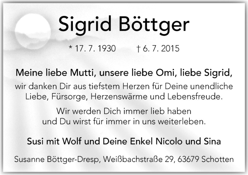  Traueranzeige für Sigrid Böttger vom 08.08.2015 aus Neue Osnabrücker Zeitung GmbH & Co. KG