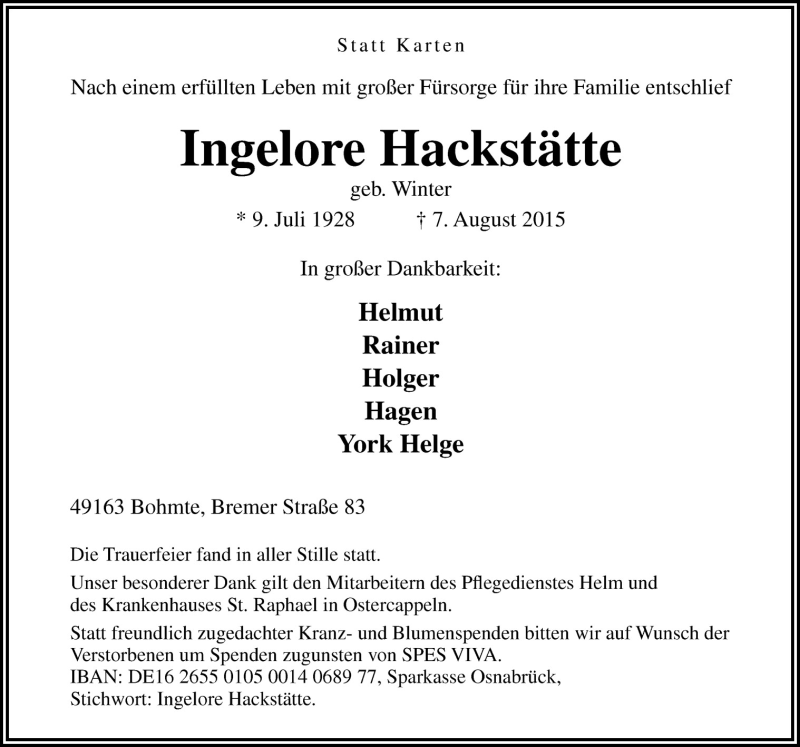  Traueranzeige für Ingelore Hackstätte vom 12.08.2015 aus Neue Osnabrücker Zeitung GmbH & Co. KG