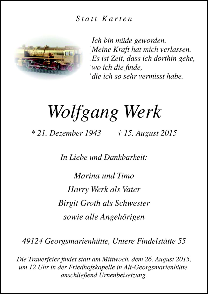  Traueranzeige für Wolfgang Werk vom 20.08.2015 aus Neue Osnabrücker Zeitung GmbH & Co. KG
