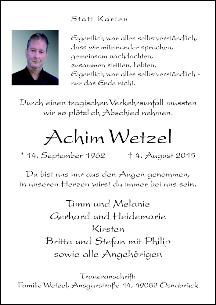  Traueranzeige für Achim Wetzel vom 12.08.2015 aus Neue Osnabrücker Zeitung GmbH & Co. KG