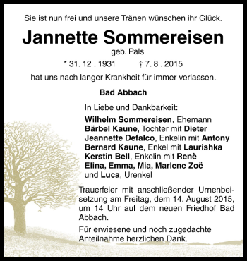 Traueranzeige von Jannette Sommereisen von Neue Osnabrücker Zeitung GmbH & Co. KG