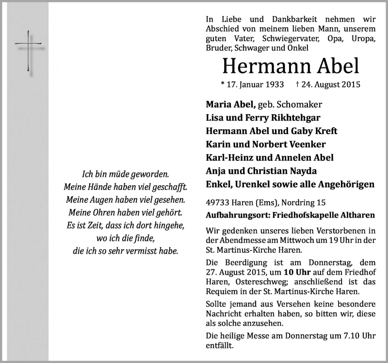  Traueranzeige für Hermann Abel vom 26.08.2015 aus Neue Osnabrücker Zeitung GmbH & Co. KG