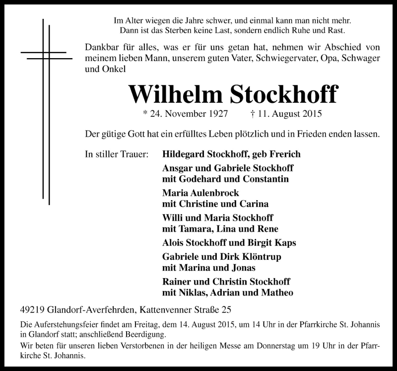  Traueranzeige für Wilhelm Stockhoff vom 12.08.2015 aus Neue Osnabrücker Zeitung GmbH & Co. KG