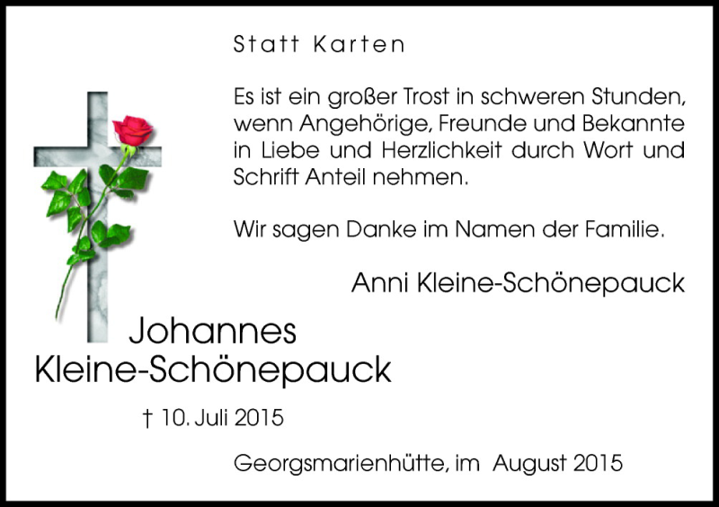  Traueranzeige für Johannes Kleine-Schönepauck vom 22.08.2015 aus Neue Osnabrücker Zeitung GmbH & Co. KG