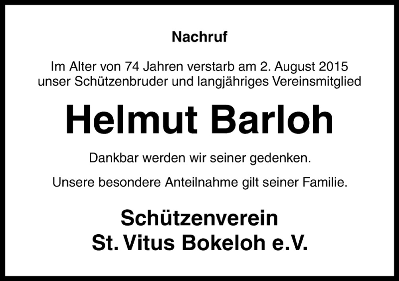 Traueranzeige für Helmut Barloh vom 07.08.2015 aus Neue Osnabrücker Zeitung GmbH & Co. KG