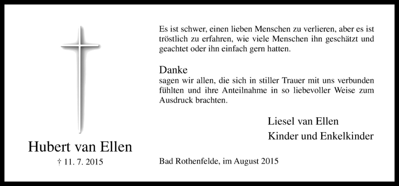  Traueranzeige für Hubert van Ellen vom 08.08.2015 aus Neue Osnabrücker Zeitung GmbH & Co. KG