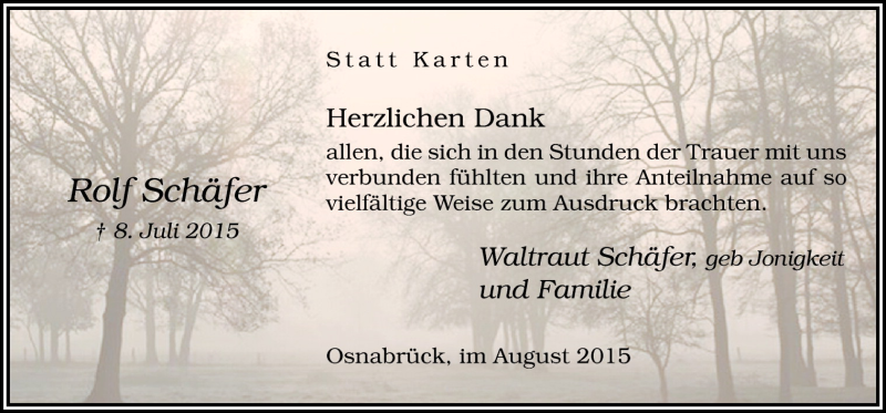 Traueranzeige für Rolf Schäfer vom 22.08.2015 aus Neue Osnabrücker Zeitung GmbH & Co. KG