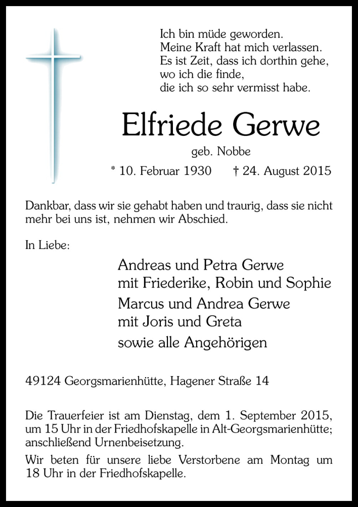  Traueranzeige für Elfriede Gerwe vom 28.08.2015 aus Neue Osnabrücker Zeitung GmbH & Co. KG