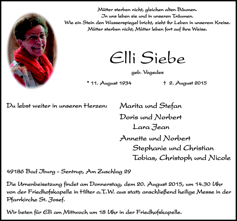 Traueranzeige für Elli Siebe vom 14.08.2015 aus Neue Osnabrücker Zeitung GmbH & Co. KG