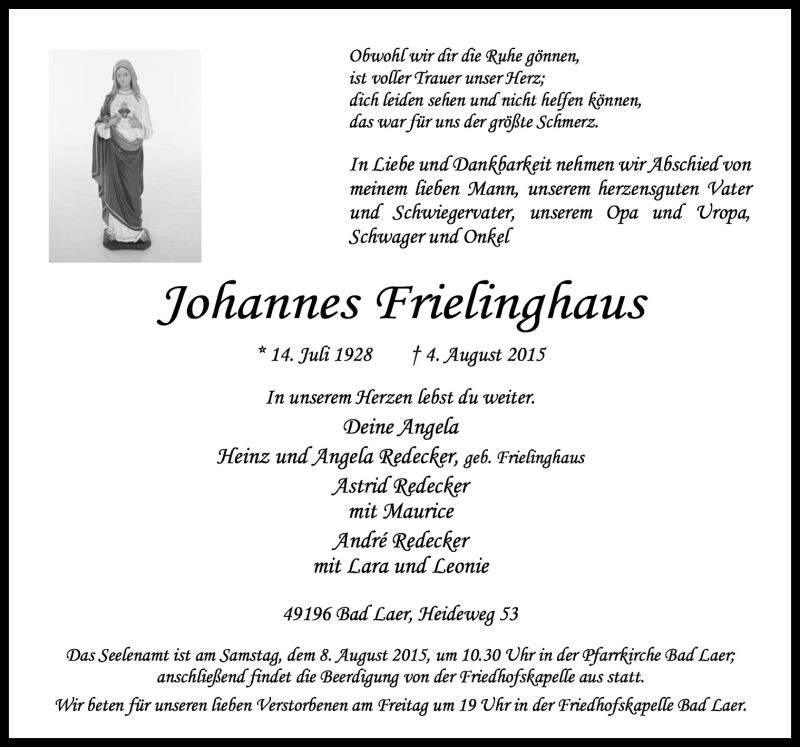  Traueranzeige für Johannes Frielinghaus vom 06.08.2015 aus Neue Osnabrücker Zeitung GmbH & Co. KG