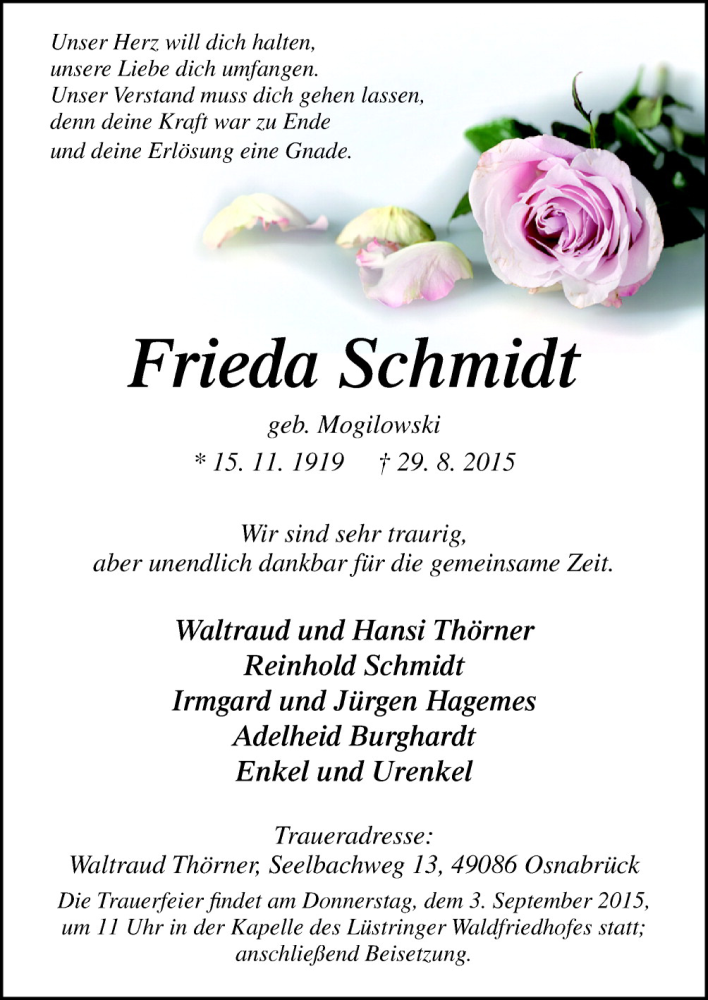  Traueranzeige für Frieda Schmidt vom 31.08.2015 aus Neue Osnabrücker Zeitung GmbH & Co. KG