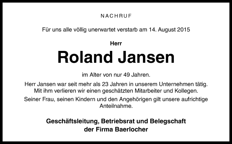  Traueranzeige für Roland Jansen vom 26.08.2015 aus Neue Osnabrücker Zeitung GmbH & Co. KG
