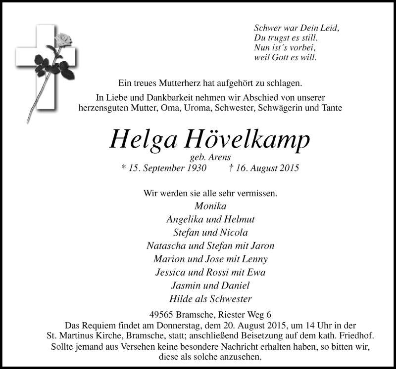  Traueranzeige für Helga Hövelkamp vom 19.08.2015 aus Neue Osnabrücker Zeitung GmbH & Co. KG