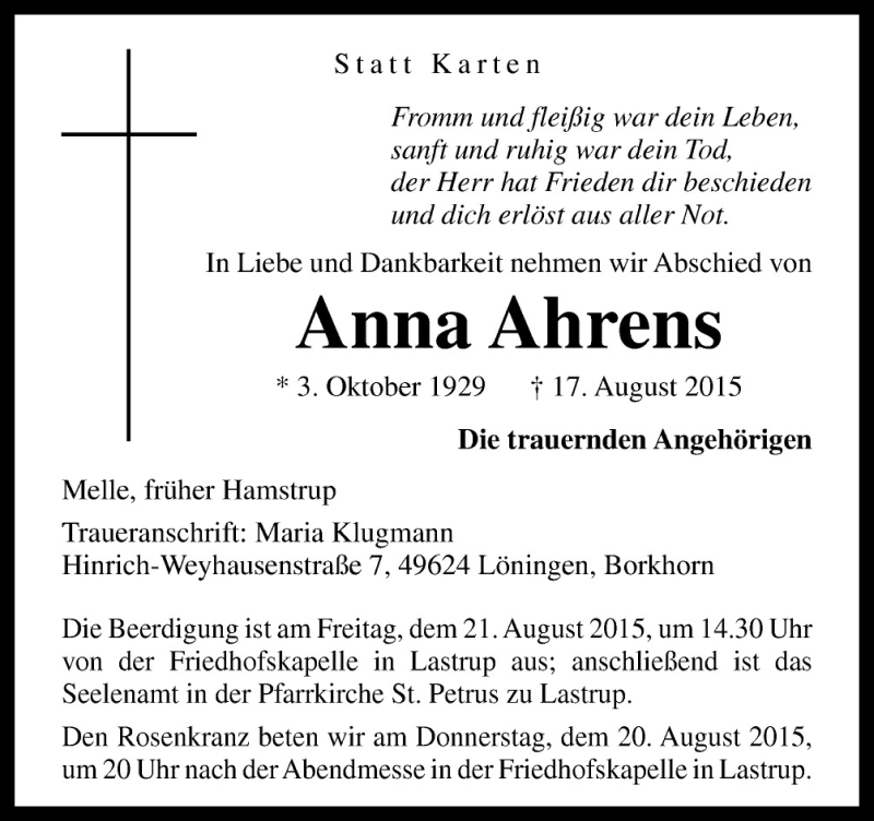  Traueranzeige für Anna Ahrens vom 20.08.2015 aus Neue Osnabrücker Zeitung GmbH & Co. KG